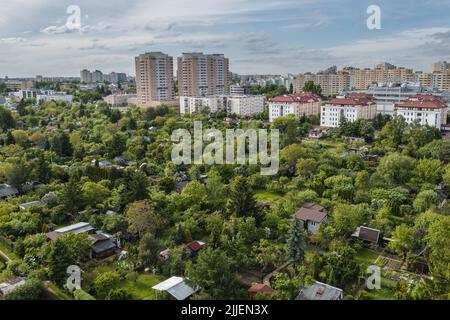 Allotment gardens and residential buildings Goclaw area, Praga Poludnie district of Warsaw, capital of Poland Stock Photo