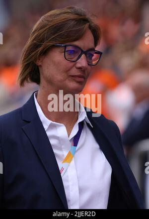 Rotherham, England, 23rd July 2022. Corinne Diacre Head coach of France reacts prior to kick off in the UEFA Women's European Championship 2022 match at the New York Stadium, Rotherham. Picture credit should read: Jonathan Moscrop / Sportimage Stock Photo