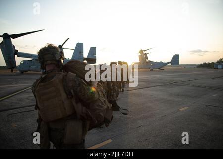 U.S. Marines with 3d Battalion, 7th Marine Regiment, Ground Combat Element, Marine Rotational Force-Darwin 22, load an MV-22 Osprey during an airfield seizure event as part of exercise Koolendong 22 at Royal Australian Air Force Base Darwin, NT, Australia, July 18, 2022. Exercise Koolendong 22 is a combined and joint force exercise focused on expeditionary advanced base operations conducted by U.S. Marines, U.S. Soldiers, U.S. Airmen, and Australian Defence Force personnel. (U.S. Marine Corps photo by Cpl. Cedar Barnes) Stock Photo