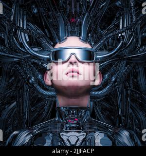 Mistress of the machine - 3D illustration of beautiful robot woman wearing sunglasses inside futuristic computer core Stock Photo