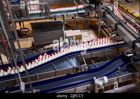 Plastic bottles with heat-treated milk on conveyor belt Stock Photo