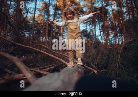 Autumn portrait of happy little girl balancing on tree trunk with arms outstretched outdoors in forest. Stock Photo