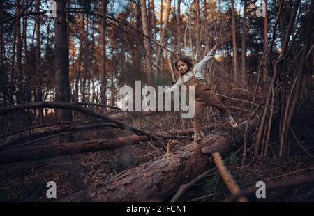 Autumn portrait of happy little girl balancing on tree trunk with arms outstretched outdoors in forest. Stock Photo