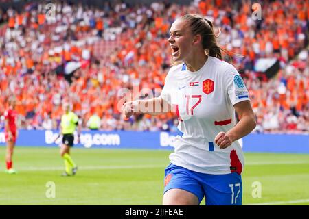 SHEFFIELD, UNITED KINGDOM - JULY 17: Romee Leuchter of the Netherlands celebrates after scoring his sides second goal during the Group C - UEFA Women's EURO 2022 match between Switzerland and Netherlands at Bramall Lane on July 17, 2022 in Sheffield, United Kingdom (Photo by Joris Verwijst/Orange Pictures) Stock Photo
