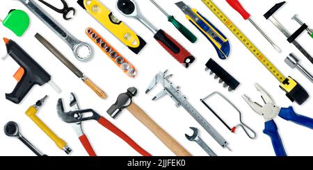 Topview of Different Work Tools on Wood Background- Stock Photo Stock Photo
