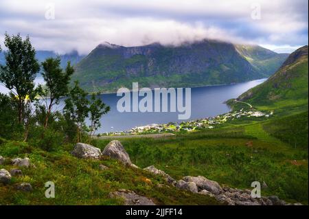Fjordgard village from Hesten trail to Segla mountain on Senja island, Norway Stock Photo