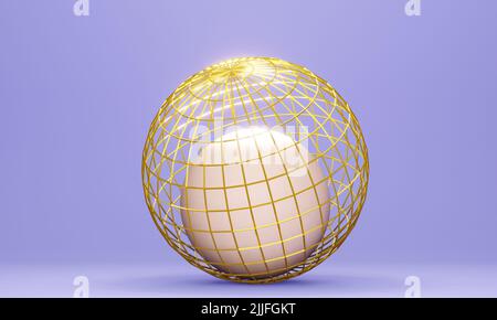 sphere in a golden wireframe on purple background, 3d render Stock Photo