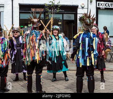 Plum Jerkum morris dancers at the 2022 Warwick Folk Festival, Warwickshire, UK. Stock Photo