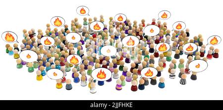 Crowd of small symbolic figures, fiery speech bubbles many, 3d illustration, horizontal background, over white, isolated Stock Photo