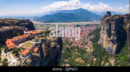 The largest archaeological site of Greece seen from drone perspective. Beautiful weather, summer time. Monastery. High quality photo Stock Photo