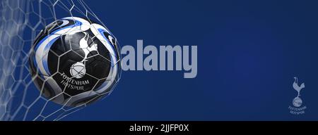 Guilherand-Granges, France - July 26, 2022. Premier League of England. Soccer ball in net with official logo of Tottenham Hotspur. 3D rendering. Stock Photo