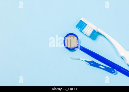 set for thorough cleaning of the oral cavity. Equipment for cleaning braces and plaque from teeth. Necessary tools for brushing teeth. Stock Photo