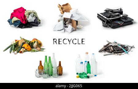 Recycle concept of different types materials, isolated on white background Stock Photo