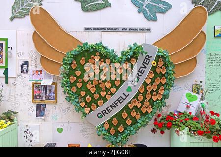 Green heart, green for Grenfell heart,Grenfell Forever, remember the 72 people, North Kensington,London,UK - UK block Cladding Scandal Stock Photo