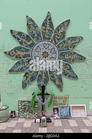 Grenfell Tower green tree memorial artwork,hope,unity,solidarity,respect,grace,change,future, resiliance,forever,love Stock Photo