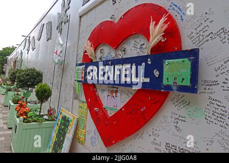 Red Grenfell Tower memorial heart on 5th anniversary of deadly block cladding fire,that claimed 72 innocent lives Stock Photo