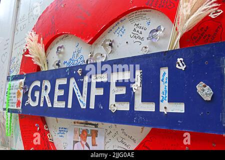 Red Grenfell Tower memorial heart on 5th anniversary of deadly block cladding fire,that claimed 72 innocent lives Stock Photo