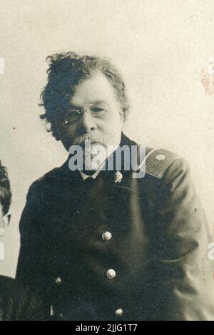 Anton Pavlovich Chekhov (Russian: Антон Павлович Чехов; 29 January 1860 – 15 July 1904) and Alexander Rodionovich Artemyev (Russian: Александр Родионович Артемьев; 1842 – 16 May 1914). Detail Old Vintage postcard of the Russian Empire, 1899. Stock Photo