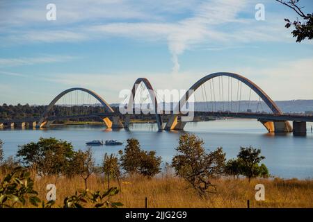 Brasília, Federal District, Brazil – July 24, 2022:   A landscape with Juscelino Kubitschek Bridge (JK Bridge) and Paranoá Lake. Stock Photo