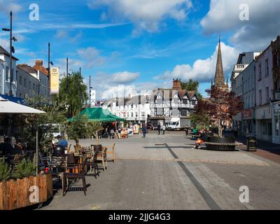 Looking along High Town to the historic Black and White House Museum in Hereford Herefordshire England Stock Photo