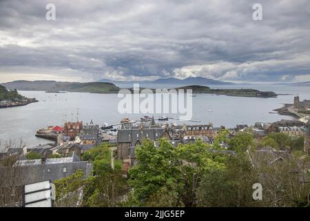 views of the harbour area from mcCaigs tower above oban on the west coast of scotland Stock Photo