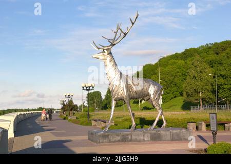 Nizhny Novgorod, Russia - June 6, 2017: Metalic sculpture of Deer, symbol of city. Sculpture was presented to city by Honorary Consul as token of frie Stock Photo