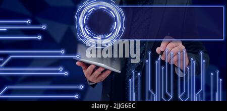 Businessman Holding Tablet And Pen Drawing Digitally Generated With Circle And Lines. Man Wearing Suit Presenting Crucial Information And Business Stock Photo