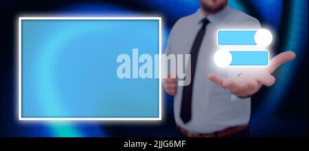 Businessman Extending A Hand To Show The Toggle Button In A Futuristic Design And Glowing Frame. Man In A Necktie Displaying The Digital On And Off Stock Photo