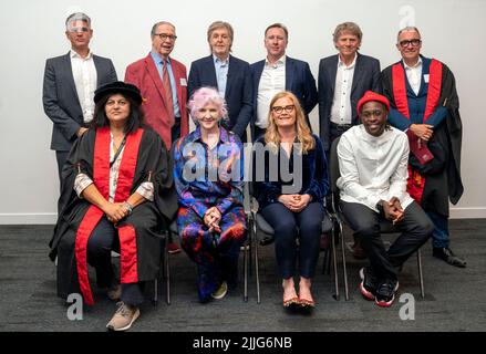 Sir Paul McCartney and his LIPA companions for 2022, (left to right) Paul Epworth, Mark Featherstone-Witty, Sir Paul McCartney, Sean Jonathan Clyde,, Georgina Kakoudaki, Katie Vine, Francesca Jaynes and Yaw Owusu at the annual graduation ceremony for the Liverpool Institute of Performing Arts (LIPA) held at Liverpool ACC. Picture date: Tuesday July 26, 2022. Stock Photo