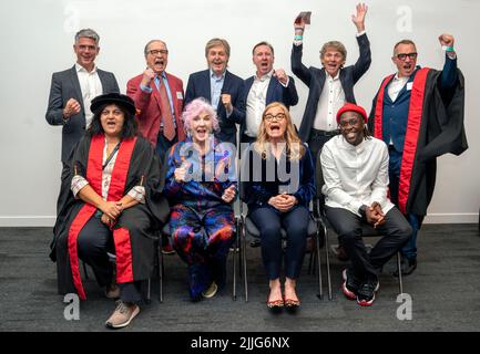 Sir Paul McCartney and his LIPA companions for 2022, (left to right) Paul Epworth, Mark Featherstone-Witty, Sir Paul McCartney, Sean Jonathan Clyde,, Georgina Kakoudaki, Katie Vine, Francesca Jaynes and Yaw Owusu at the annual graduation ceremony for the Liverpool Institute of Performing Arts (LIPA) held at Liverpool ACC. Picture date: Tuesday July 26, 2022. Stock Photo