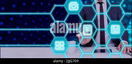 Businessman With Tablet Pointing On Digital S In A Futuristic Pattern Design And Presenting Important Information. Executive Displaying Symbols And Stock Photo