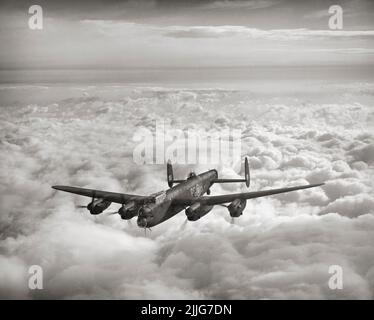 An Avro Lancaster B Mark III of No. 619 Squadron RAF based at Coningsby, Lincolnshire, in flight. A British four-engined heavy bomber adopted by the Royal Air Force (RAF) during World War Two. Stock Photo
