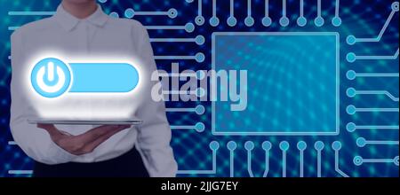 Businesswoman Holding Tablet And Presenting Power Button Symbol And Displaying A Crucial Message. Woman With A Pad On Hands Presenting Business Ideas Stock Photo
