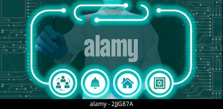 Doctor Holding Pen Pointing On Digital Display Of Symbols In Futuristic Frame. Scientist Wearing Gloves Having Pen Presenting Important Information Stock Photo