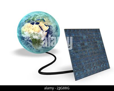 The earth globe connected to a solar panel - a sustainable energy concept Stock Photo