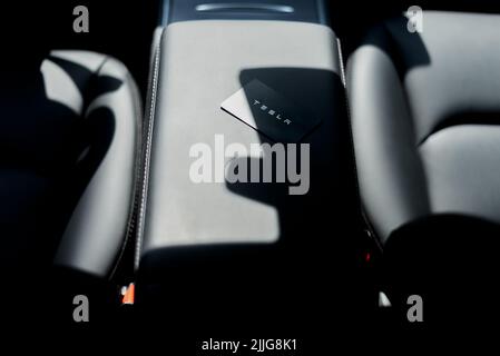 black key card with the inscription tesla from an electric car. russia moscow 2022 june 15. Stock Photo