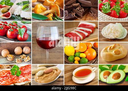 Collage and various foods with Histamine on wooden background Stock Photo