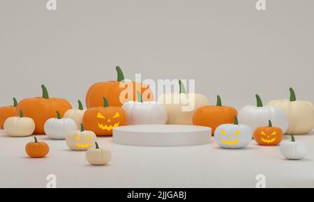 Halloween podium with many pumpkins on a studio background. Empty podium platform. 3d rendering. Stock Photo