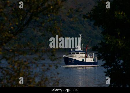 A ship navigating in Loch Eli, Scotalnd, seen between the tree branches Stock Photo