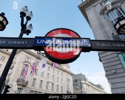 London, Greater London, England, June 15 2022: Close up of an Underground aka Tube Sign Stock Photo
