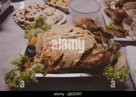 roasted chicken served on the table Stock Photo