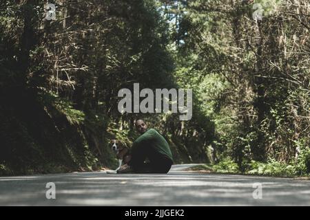 A man sitting on a road crossing the forest - concept travel, adventure Stock Photo