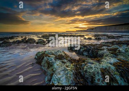 The Seven Sisters  at Birling Gap during sunset, Eastbourne, East Sussex, England, Uk, Gb Stock Photo