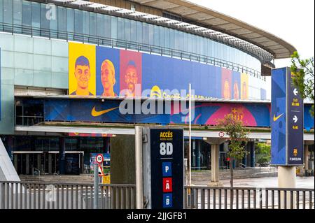Exterior view of the FCB or Football Club Barcelona stadium. The building is named Spotify Camp Nou Stock Photo