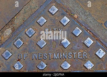 City of Westminster cast iron embossed grid, central London, England, UK, SW1P 2HR Stock Photo