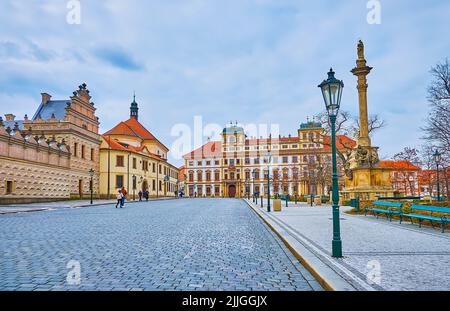 Historic architecture of Castle Square of Royal Route with Schwarzenberg Palace, Tuscany Palace, Plague Column of Virgin Mary and St Benedict Church o Stock Photo