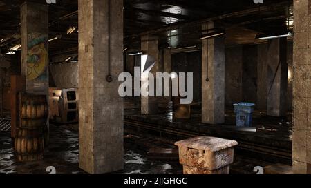 3D-illustration of a destroyed and abandoned subway station Stock Photo