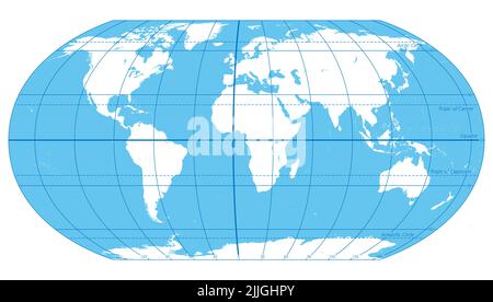 The World, important circles of latitudes and longitudes, blue colored political map. Equator, Greenwich meridian, Arctic and Antarctic Circle, etc.