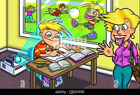 Funny art, school boy using holograms to pretend to work while he's outside playing referencing live 3D hologram display and HoloPrescence technology Stock Photo