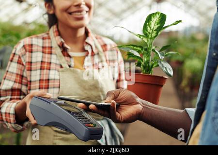 Unrecognizable man buying plant in pot in modern greenhouse store paying for it using app on smartphone Stock Photo